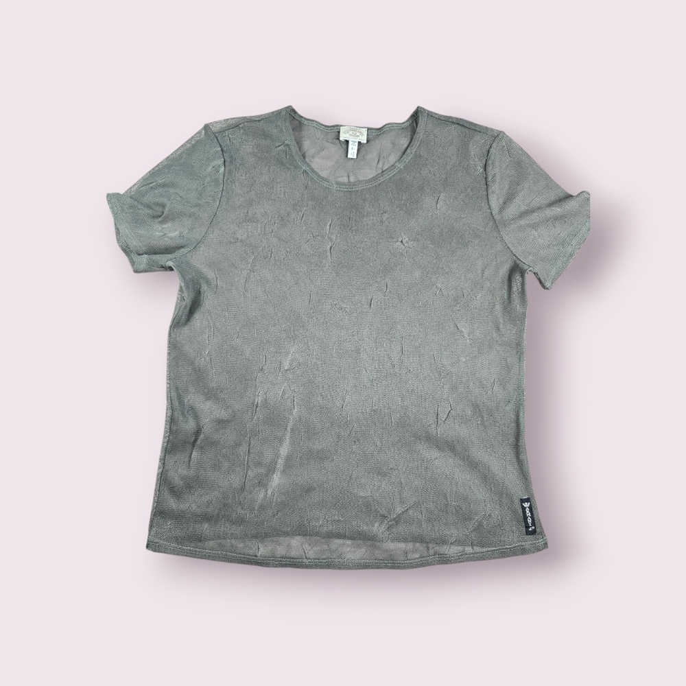 Armani‎ Jeans Y2K Layering Distressed Charcoal Gray Sheer Tee Sz 12